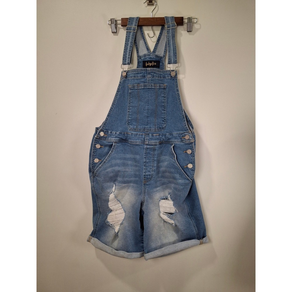Indigo Rein Womens Distressed Denim Shortalls Medium Wash Blue Overalls 11/29